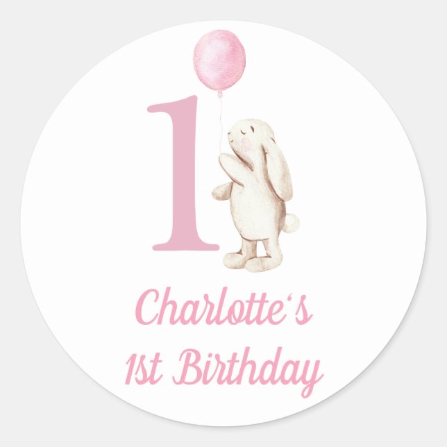Bunny & Balloon Pink 1. Geburtstag Runder Aufkleber (Vorderseite)