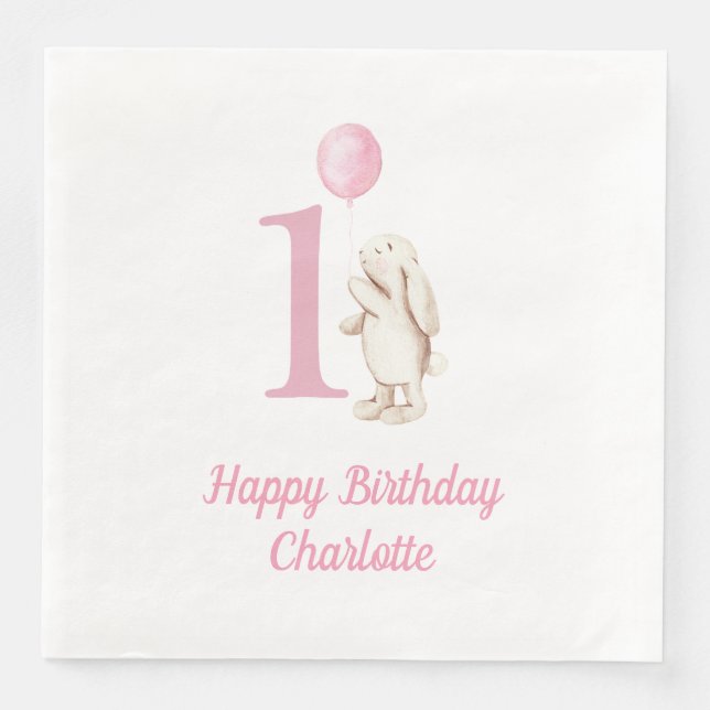 Bunny & Balloon Pink 1. Geburtstag Serviette (Vorderseite)