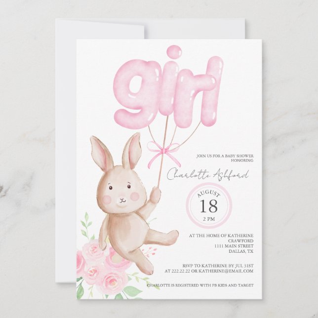 Bunny Balloons Aquarell Floral Girl Babydusche Einladung (Vorderseite)