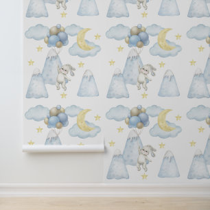 Bunny Balloons Mountains Moon Star Cloud Baby Boy Tapete