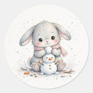 Bunny baut einen Schneemann Weihnachten Runder Aufkleber