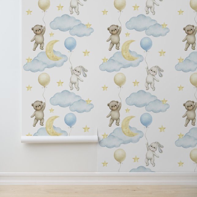 Bunny Bear Balloons Moon Star Cloud Baby Boy Tapete (Anwendung)