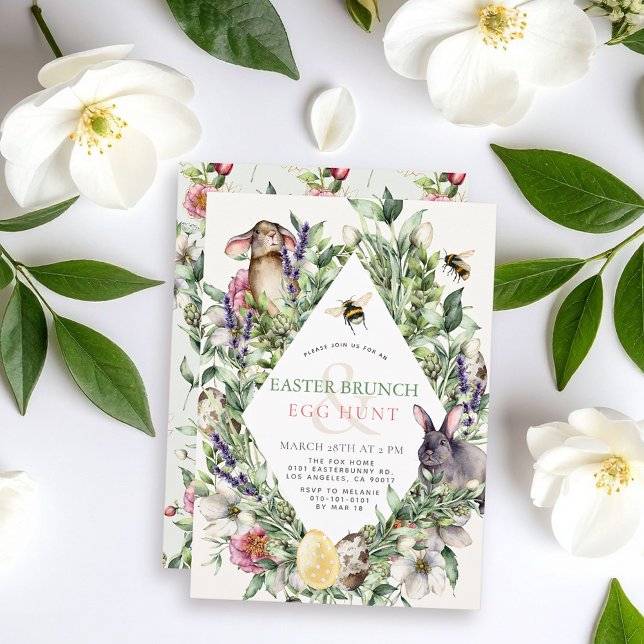 Bunny & Bee Greenery Rhombus Easter Brunch Einladung (Von Creator hochgeladen)