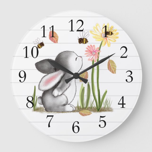 Bunny Bees Floral Wall Clock Große Wanduhr (Vorderseite)