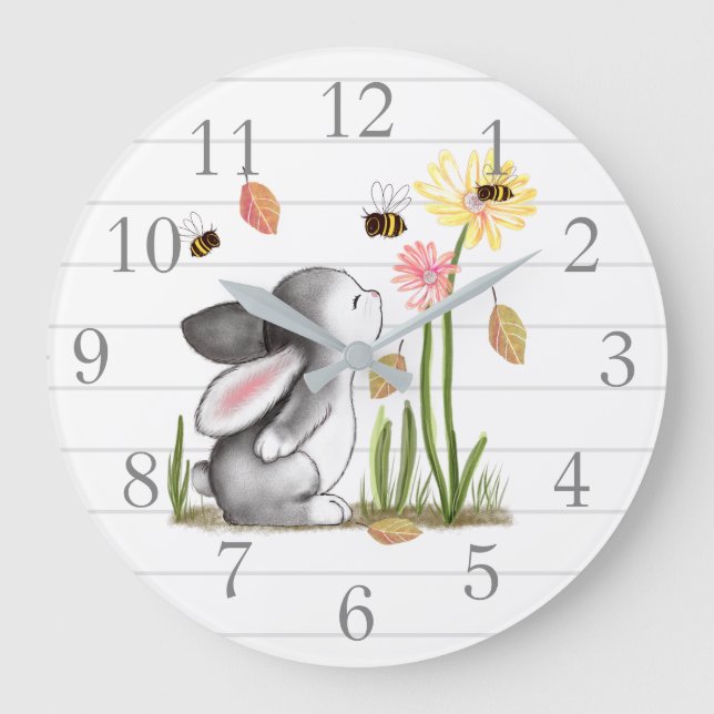 Bunny Bees Nursery Decor Wall Clock Große Wanduhr (Vorderseite)