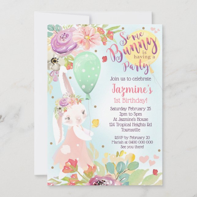 Bunny Birthday Einladung Floral Bunny Einladung (Vorderseite)