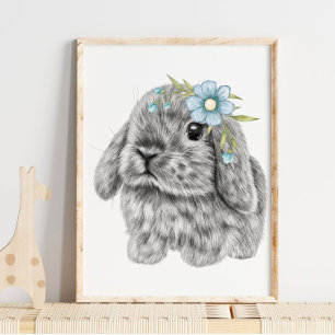 Bunny Blue Bow Kinderzimmer Print Bunny Print Poster