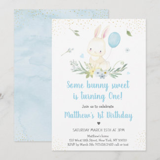 Bunny Blue Boy Greenery Geburtstag Einladung