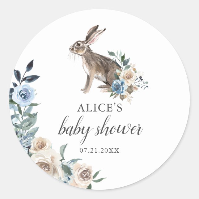Bunny Boho Dusty Blue Beige Blume Babydusche Runder Aufkleber (Vorderseite)
