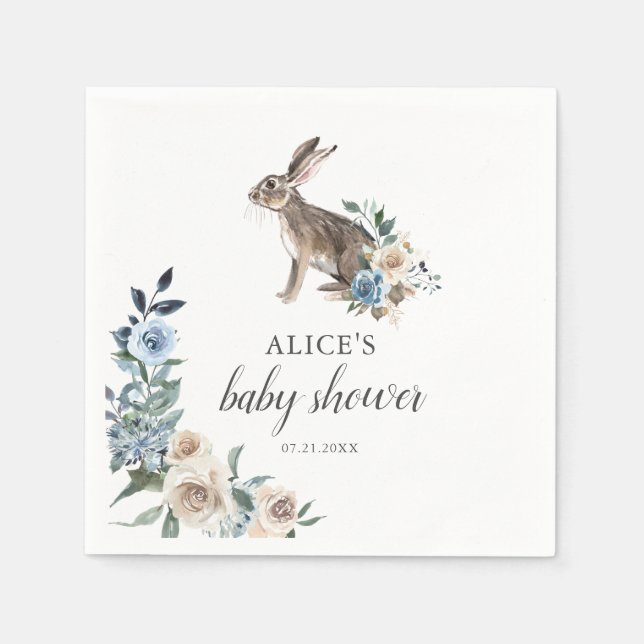 Bunny Boho Dusty Blue Flowers Babydusche Serviette (Vorderseite)