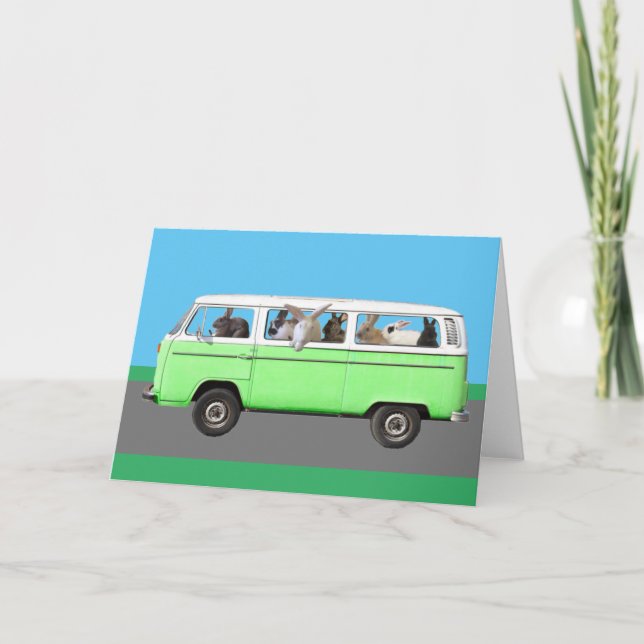 Bunny Bus Grußkarte - Grün Feiertagskarte (Vorderseite)