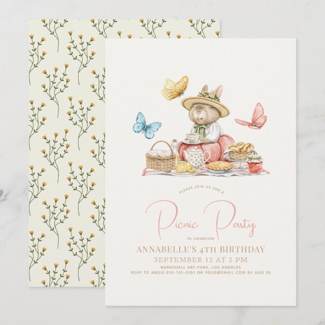 Bunny & Butterflies Picnic Tee Party Girl Birthday Einladung (Vorne/Hinten)