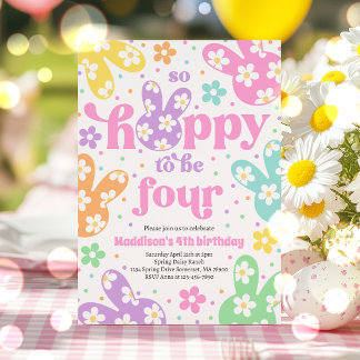 Bunny Daisy Floral Pastel Frühjahr 4. Geburtstag Einladung