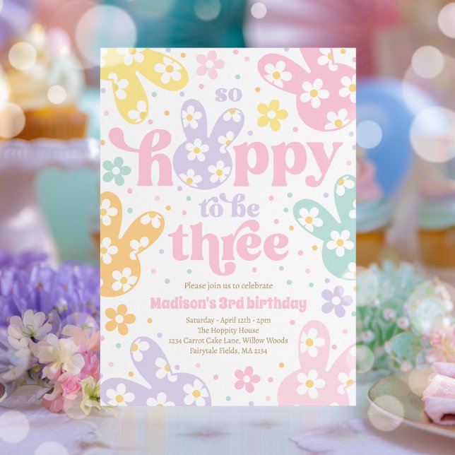 Bunny Daisy Floral Pastel Spring 3rd Birthday Einladung (Von Creator hochgeladen)