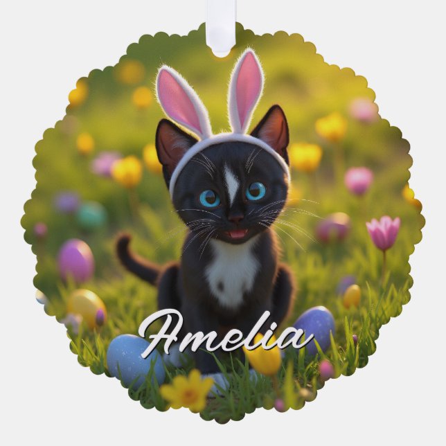 Bunny Ears & Purrs: Felinis Osterspiel Ornament Karte (Vorderseite)
