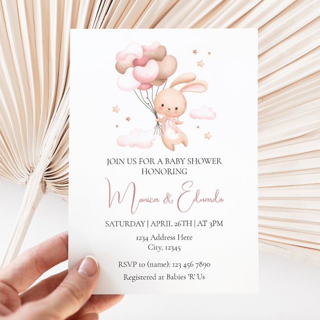 Bunny et ballons Girl Baby shower Invitation (Créateur téléchargé)