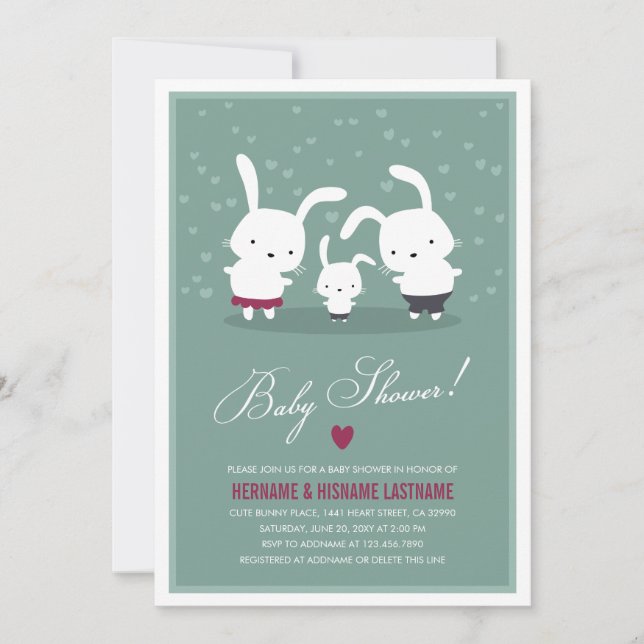 Bunny Family Paares Kinderdusche Einladung Aquamar (Vorderseite)