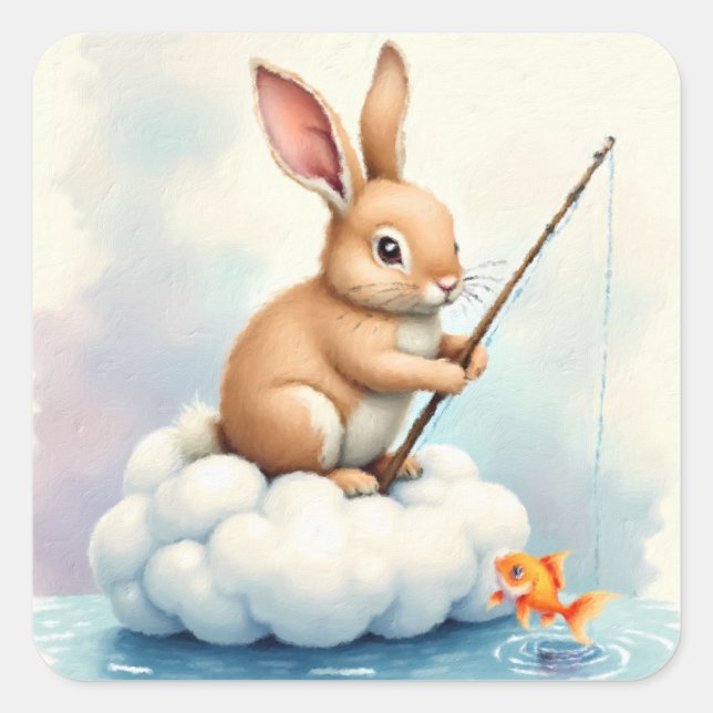 Bunny Fishing from a Cloud Quadratischer Aufkleber (Vorderseite)