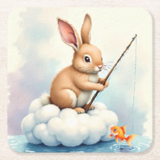 Bunny Fishing from a Cloud Rechteckiger Pappuntersetzer (Vorderseite)