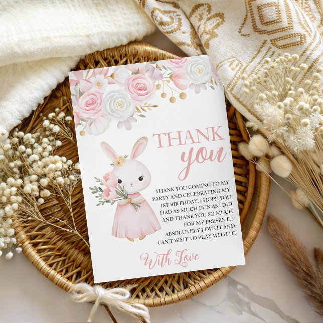Bunny Floral 1st Birthday Thank You Einladung (Von Creator hochgeladen)