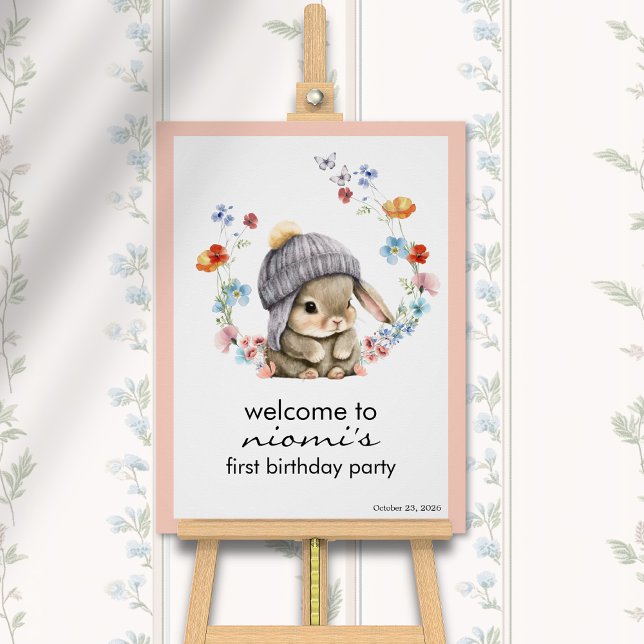 Bunny Floral First Birthday Welcome Sign Poster (Bunny Floral First Birthday Welcome Sign 1)