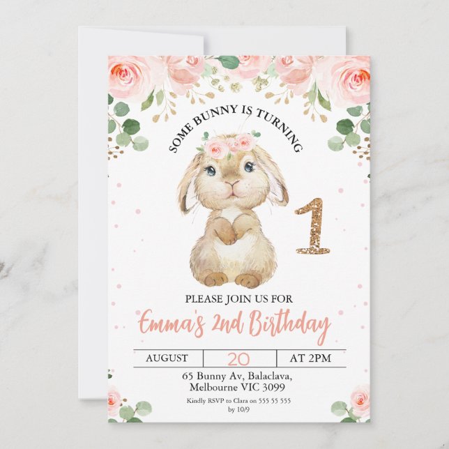 Bunny floral rose 1er anniversaire Invitation (Devant)