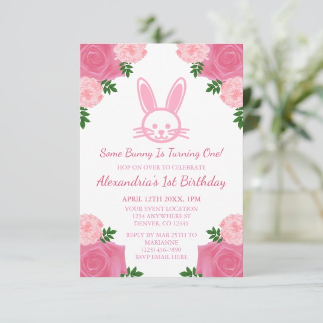 Bunny floral rose Invitation Anniversaire (Debout devant)