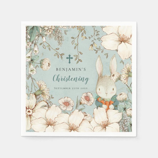 Bunny Foliage Christening Taufen Name Powder Blue Serviette (Vorderseite)