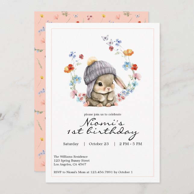 Bunny Garden First Birthday Invitation (Devant / Derrière)