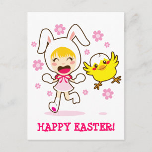 Bunny Girl and Little Chick Feiertagspostkarte