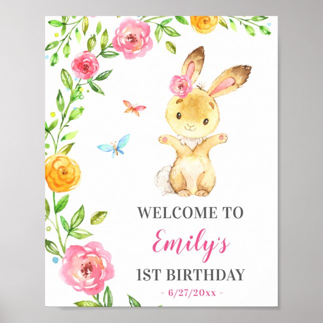 Bunny Girl First Birthday Farbiges Tier Willkommen Poster (Vorne)