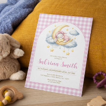 Bunny Girl Moon Star Pink Gingham Baby Shower