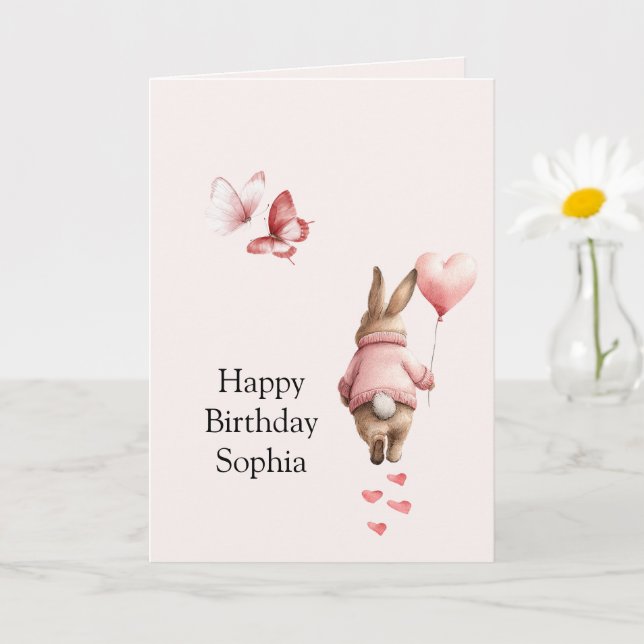 Bunny Heart Balloon Pink Butterflies Birthday Karte (Kleine Pflanze)