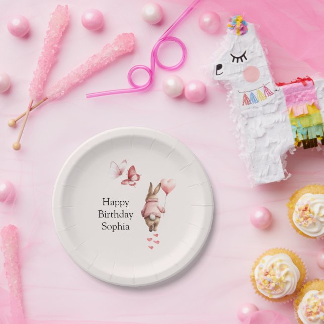 Bunny Heart Balloon Pink Butterflies Birthday Pappteller (Party)
