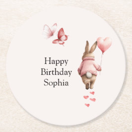 Bunny Heart Balloon Pink Butterflies Birthday Runder Pappuntersetzer