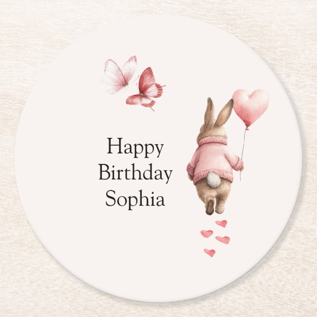 Bunny Heart Balloon Pink Butterflies Birthday Runder Pappuntersetzer (Vorderseite)