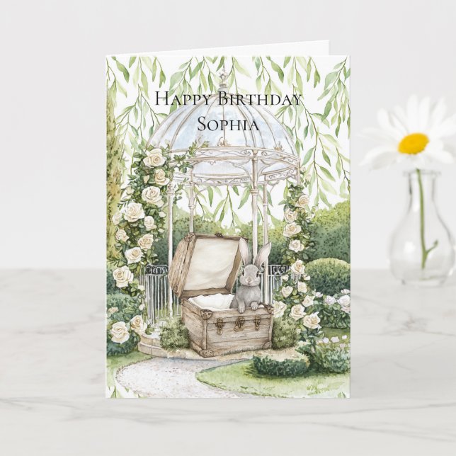 Bunny in Chest Green Leaves Floral Birthday Karte (Kleine Pflanze)