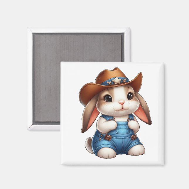 Bunny in Cowboy Outfit mit Hut und Overalls Magnet (Vorderseite/Rückseite)