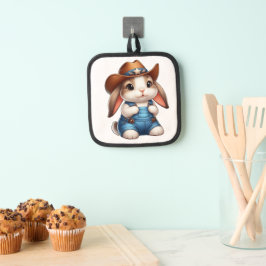 Bunny in Cowboy Outfit mit Hut und Overalls Topflappen