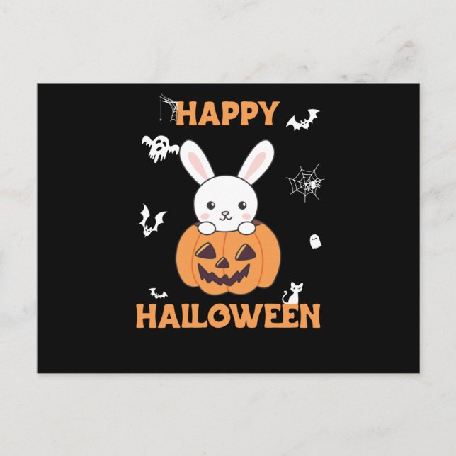 Bunny in Pumpkin Niedlich Bunnies Happy Halloween Postkarte (Vorderseite)