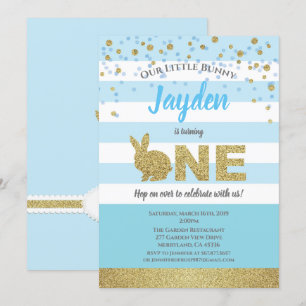 Bunny Junge 1. Geburtstag Einladung blau und gold