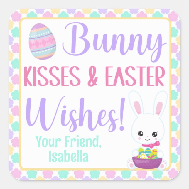 Bunny Kisses & Osterwünschungen Quadratischer Aufkleber (Vorderseite)
