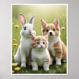 Bunny Kitten Welpe Wiese Wall Art Decor Poster