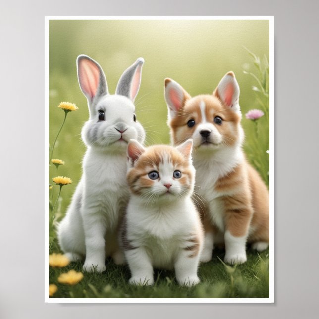 Bunny Kitten Welpe Wiese Wall Art Decor Poster (Vorne)
