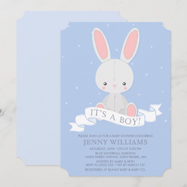 Bunny lapin farci Baby shower garçon Invitation (Devant / Derrière)