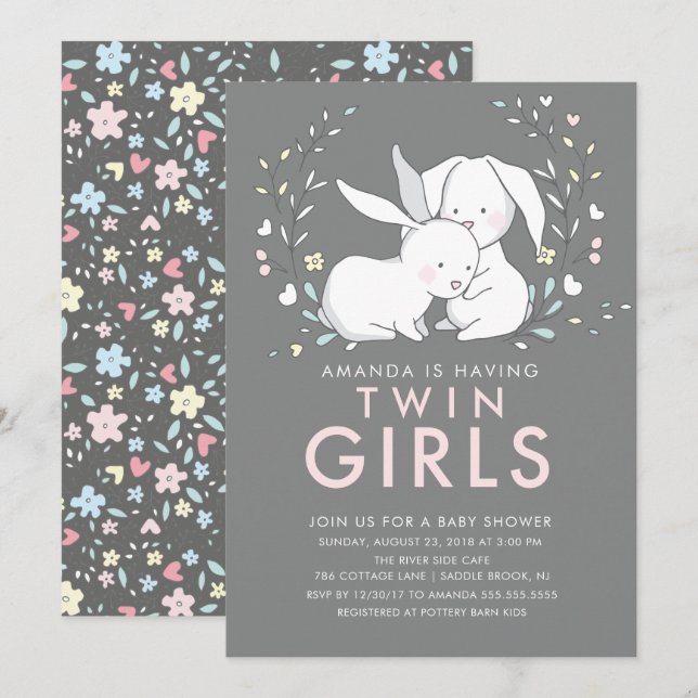 Bunny Liebe Twin Girls Kinderdusche Einladung (Vorne/Hinten)