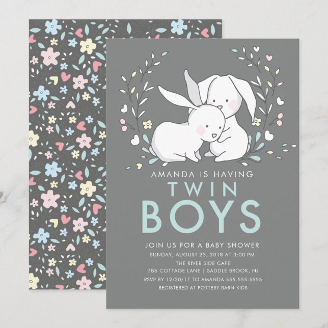 Bunny Love Twin Boys Baby shower Invitation (Devant / Derrière)