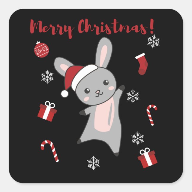 Bunny Merry Christmas Winter Animals Rabbits Quadratischer Aufkleber (Vorderseite)