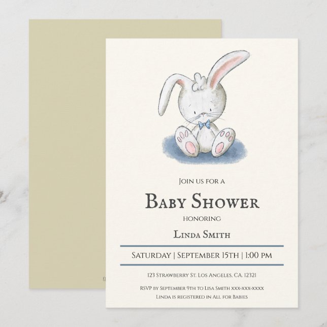Bunny mit Blue Bow Krawatte Boy Baby Dusche Einladung (Vorne/Hinten)