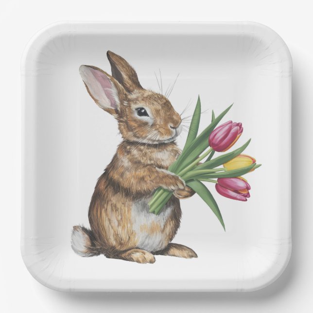 Bunny mit Tulip Bouquet Pappteller (Vorderseite)